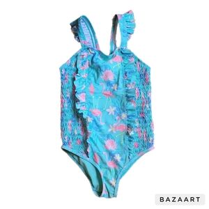 Tommy Bahama Swimsuit Girls Size 8 Blue One Piece Flamingo Floral Ruffle